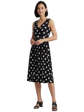 Chaps Sleeveless Surplice V-Neck Black & White Polka Dot Dress Size Large